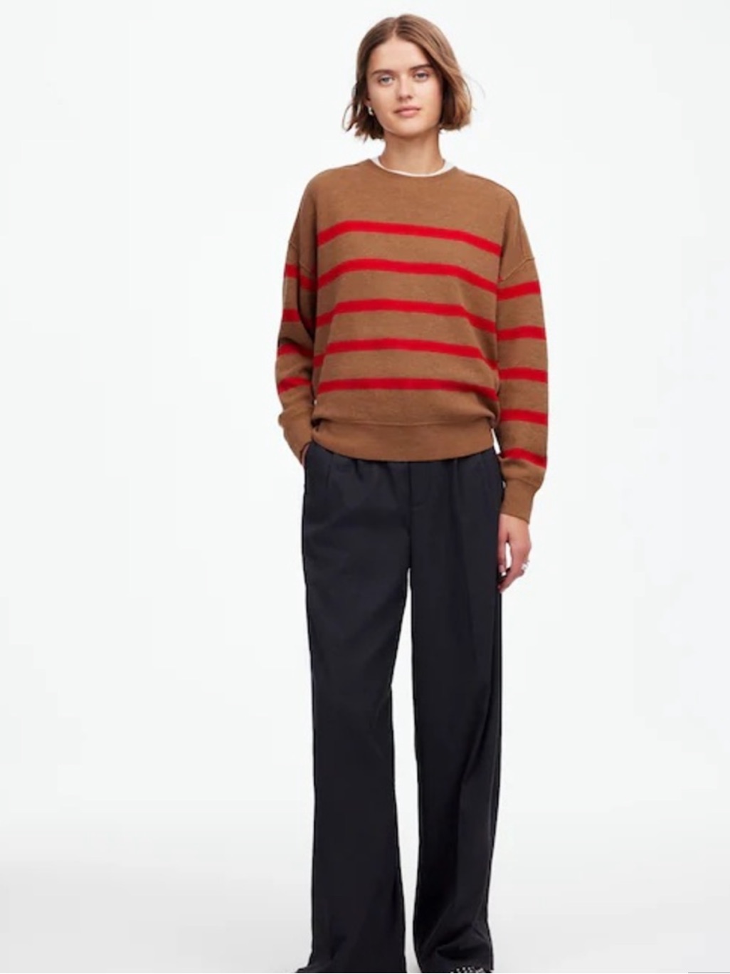 Madewell Merino Wool Pullover Sweater Camel Stripe Crewneck Relaxed Fit